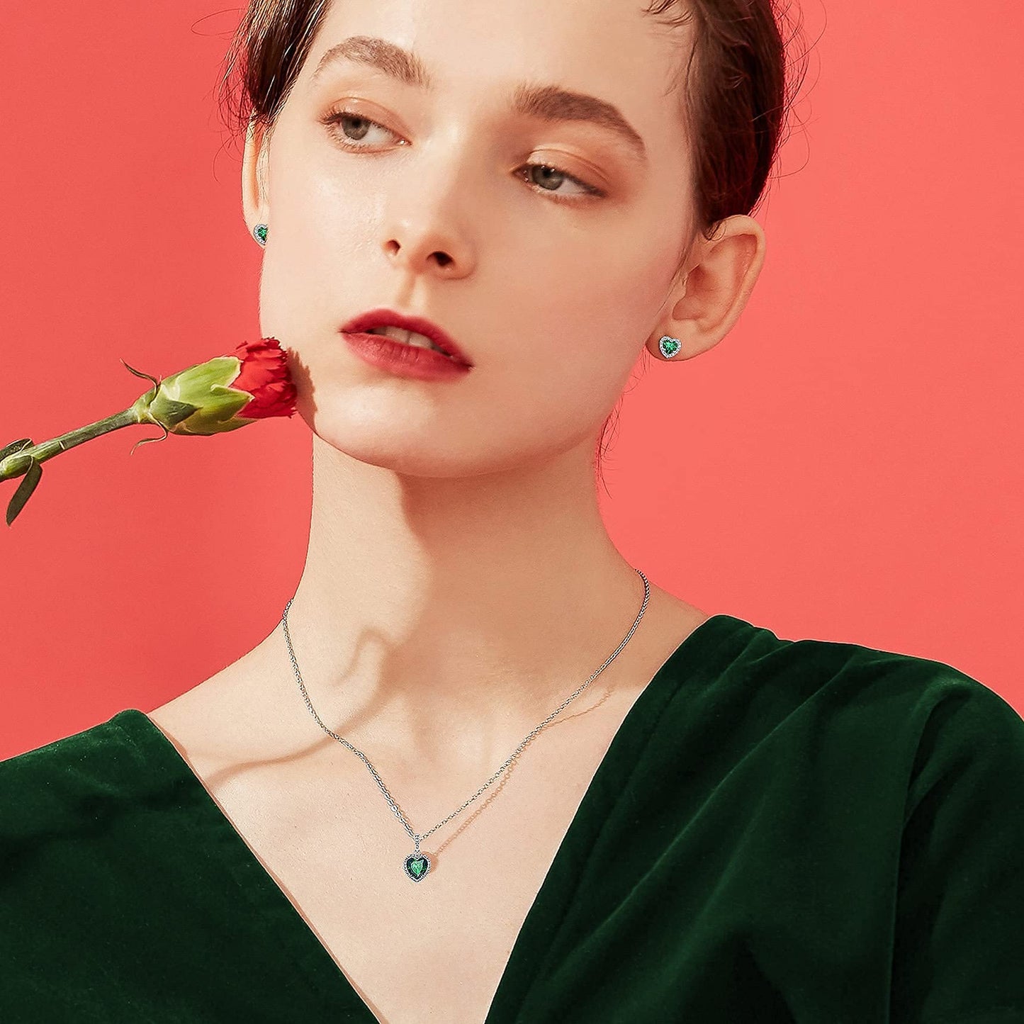 Bestyle Heart May Emerald Birthstone Earrings Green Studs Embellished with White Crystals Sparkling Ear Jewelry for Birthday/Christmas/Party/Anniversary/Wedding
