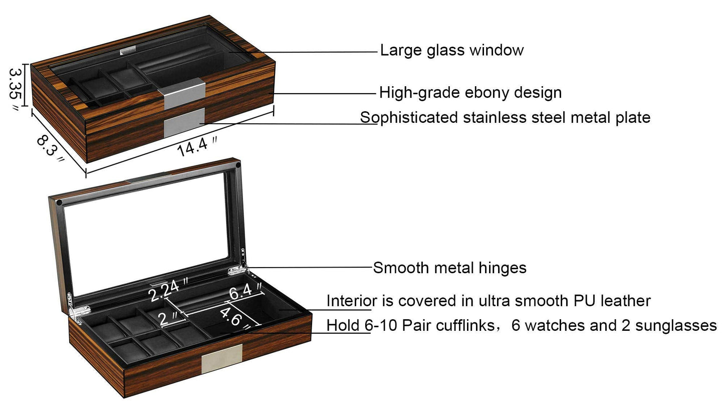 Lifomenz Co Men's 6 Slot Watch Box, 8 Pair Cufflinks & Sunglasses Display Case, Brown PU Leather & Glass Top