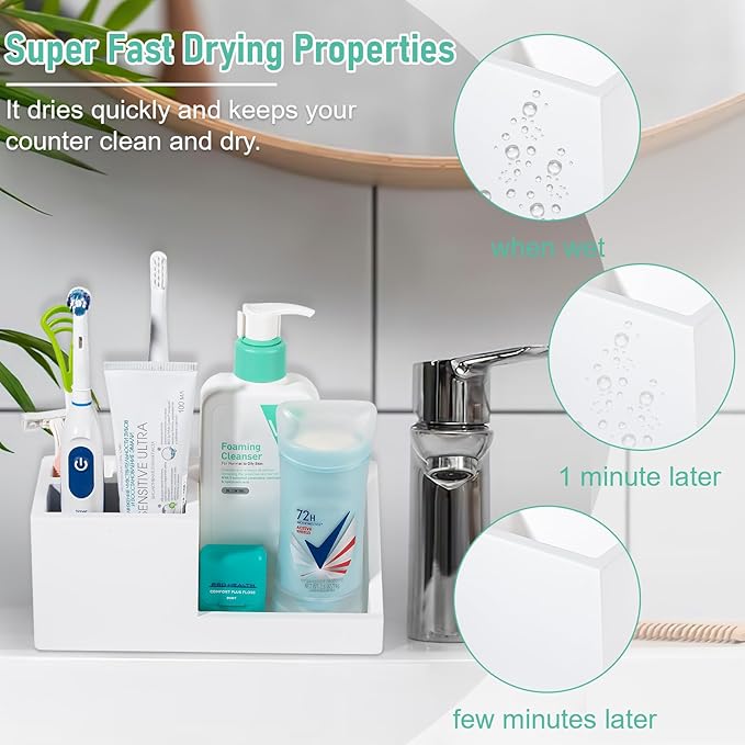 Diatomite Toothbrush Holders for Bathrooms, Quick Dry Electric Tooth Brush and Toothpaste Organizer Bathroom Accessories for Countertop, Vanity, Sink - White