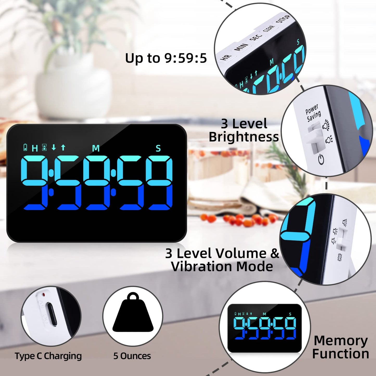 PERSUPER Kitchen Digital Timer, Count Down Up, Rechargeable, Vibration Mode Adjustable Volume and Brightness LED Display, Time Management Cook, Desk, Kids Adults Study Teaching, Kitchen Gadgets Blue