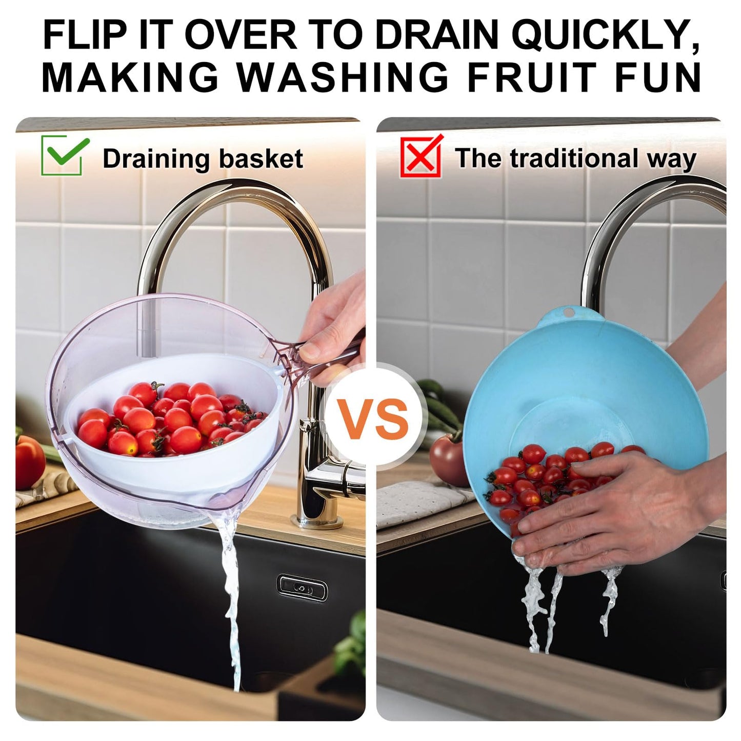 3-in-1 Kitchen Tool: Works as Rice Strainer, Fruit Washing Bowl with Strainer, Water Scoop. PET+PP Material, Rotatable Inner Basket for Easy Draining, Ideal for Rinsing Rice, Washing Fruits/Veggies.