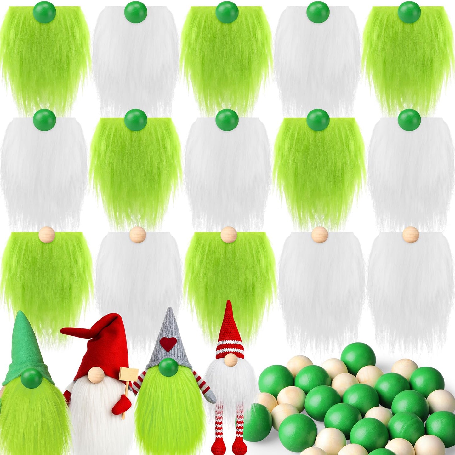 Tudomro 15 Pcs Gnome Beards for Crafts Valentine's Day Faux Fur Fabric Precut Gnomes Beards Handmade 30 Pcs Wood Balls for Christmas Halloween Easter Independence Day(White,Green)