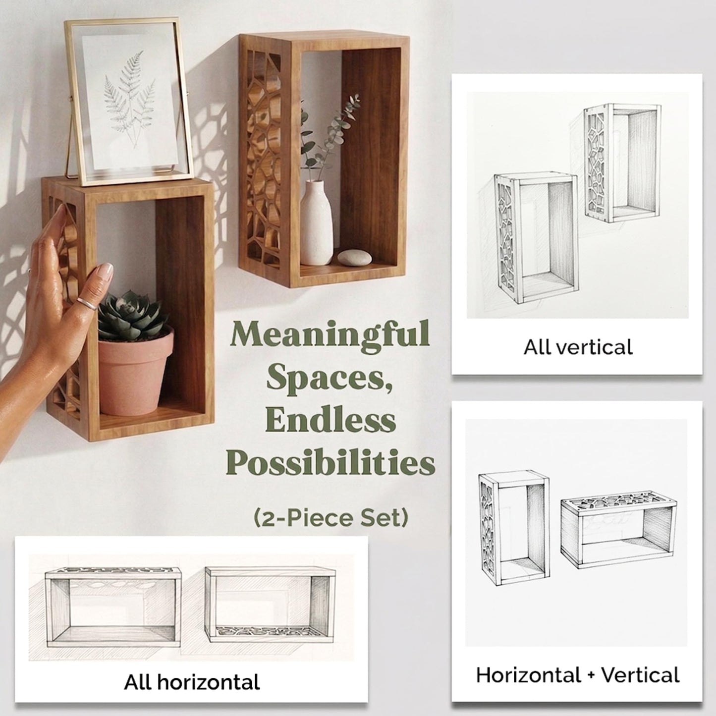 Solid Wood Floating Cube Shelves, Set of 2 - Italian-Designed Wall Box Shelves with Carved Organic Cut-Out, Unique Wall Decor for Bathroom, Bedrom, & Living Room | TAVOLINI