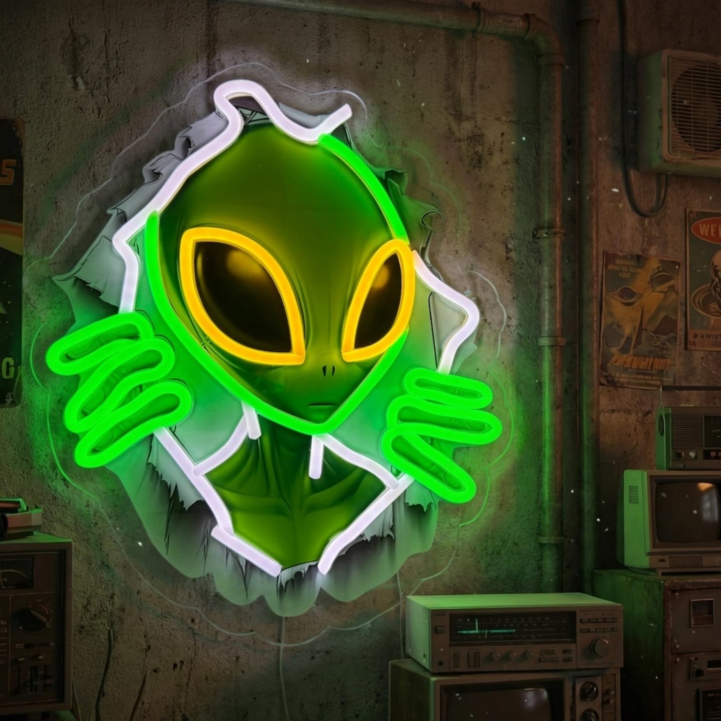 Alien Peeking Through Wall Neon Sign, Green UFO LED Wall Light, USB Powered Alien Neon Light for Game Room, Men's Cave, Bedroom & Party Decor, Ideal Alien Gifts