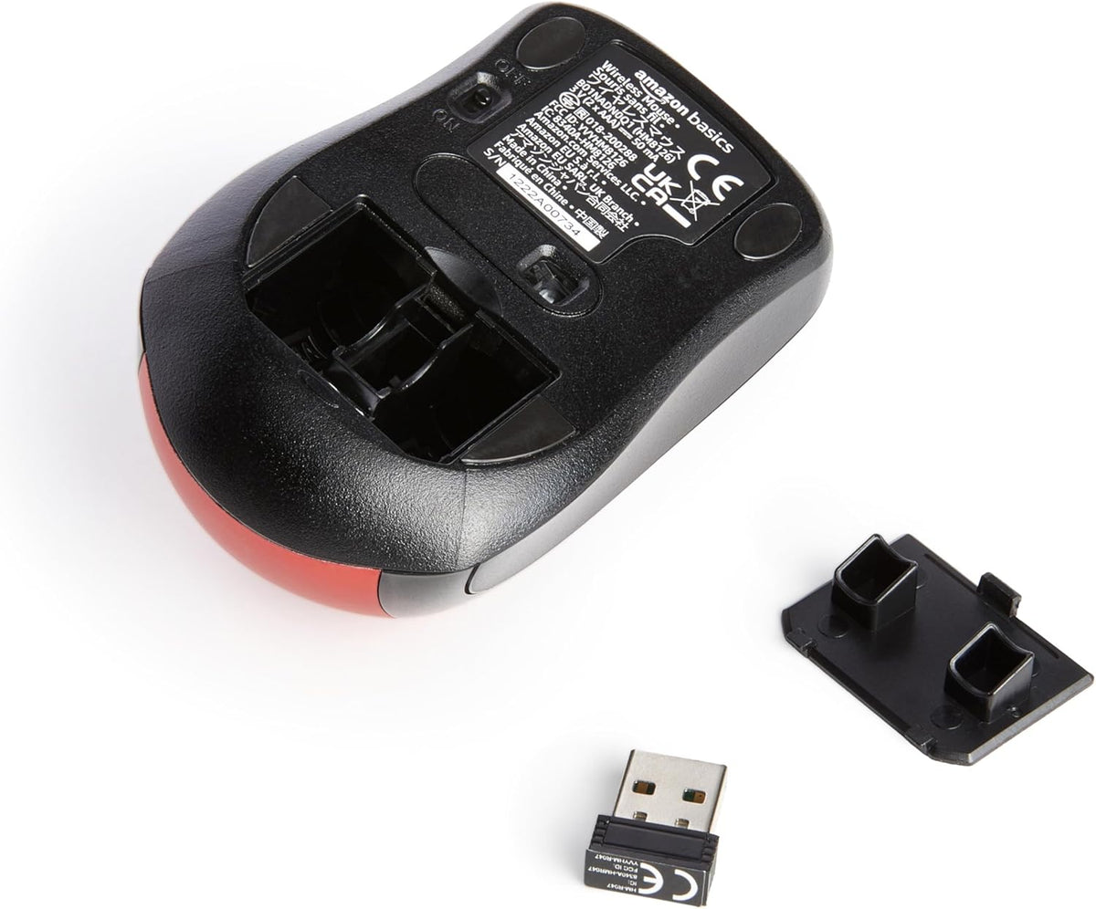 Amazon Basics 2.4 GHz Optical Wireless Mouse for Laptop and Computer, USB Nano Receiver, Red