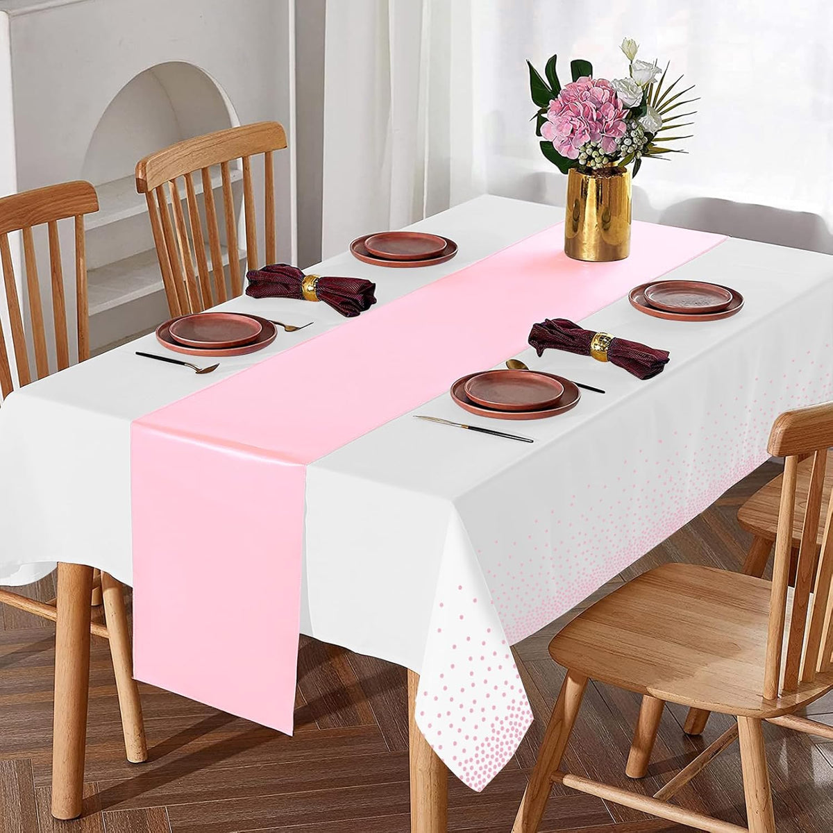 8Pack Disposable Plastic Tablecloths and Satin Table Runner Set White Pink Dot Table Cloth Gold Satin Table Runner for Graduation Wedding Birthday Baby Shower Anniversary Holiday Party Decorations