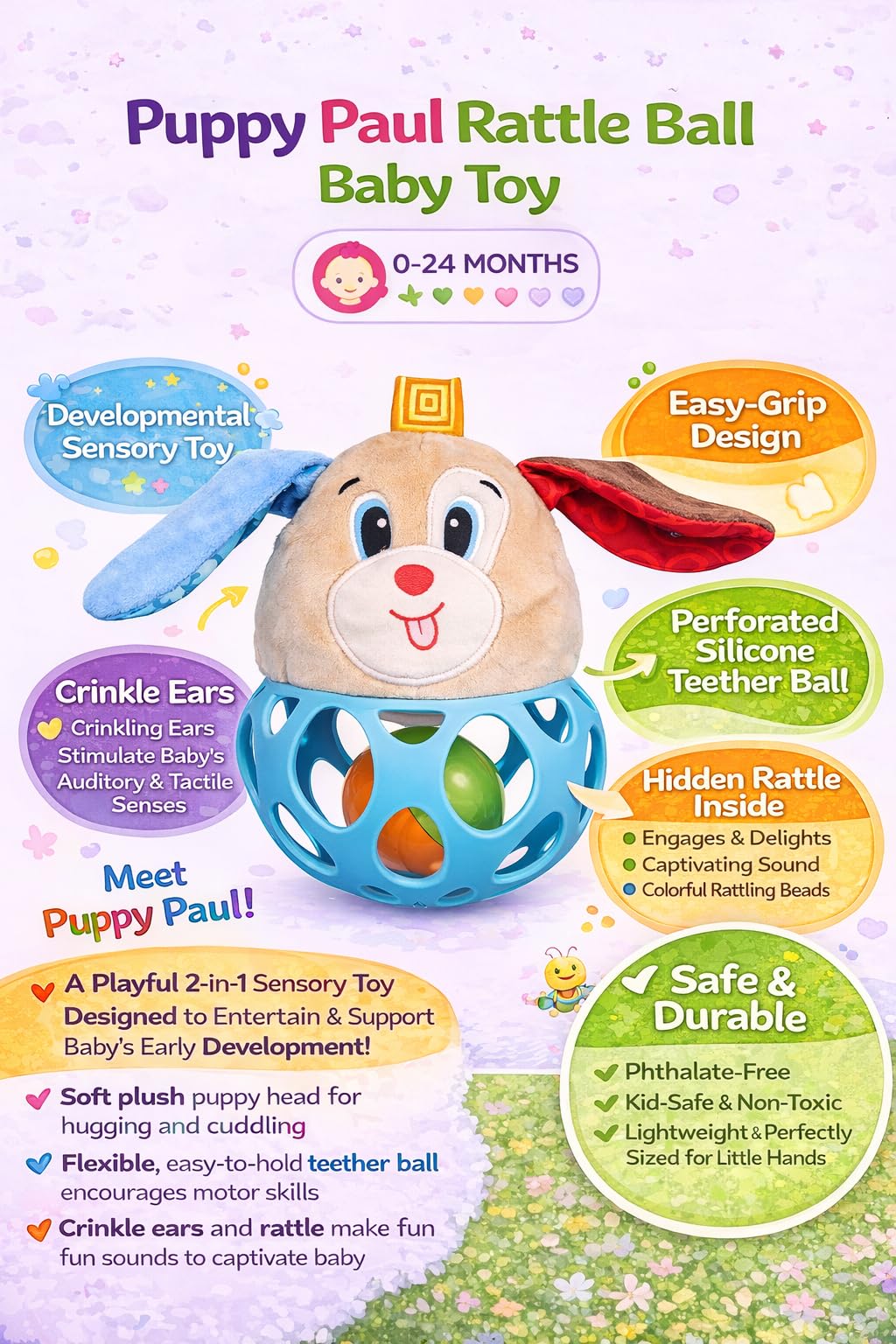 Balibazoo Puppy Paul Rattle Ball Baby Toy – Soft Plush Sensory Toy with Crinkle Ears, Perforated SiliconeTeether Ball & Rattle | Easy-Grip Design | Developmental Toy for Babies 0-24M | Gift