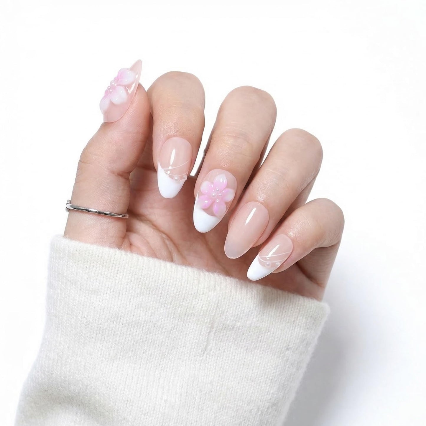 10Pcs Short Almond Handmade Press On Nails | Easy Apply & Remove, Reusable Salon Quality Nails | Elegant Nude Pink Fake Nails with 3D Floral & Pearl Accents (RR11, XS)