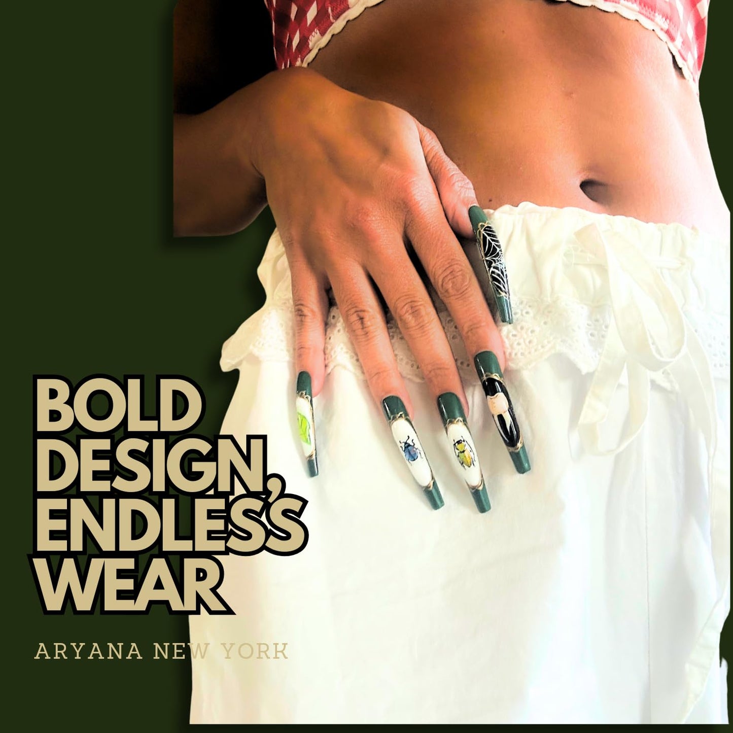ARYANA NEW YORK Press On Nails Coffin - Handmade, Reusable, Luxury Long Coffin Nails 10 Pcs Handmade Nail Set, Oddities Beetles Collection - (Small)