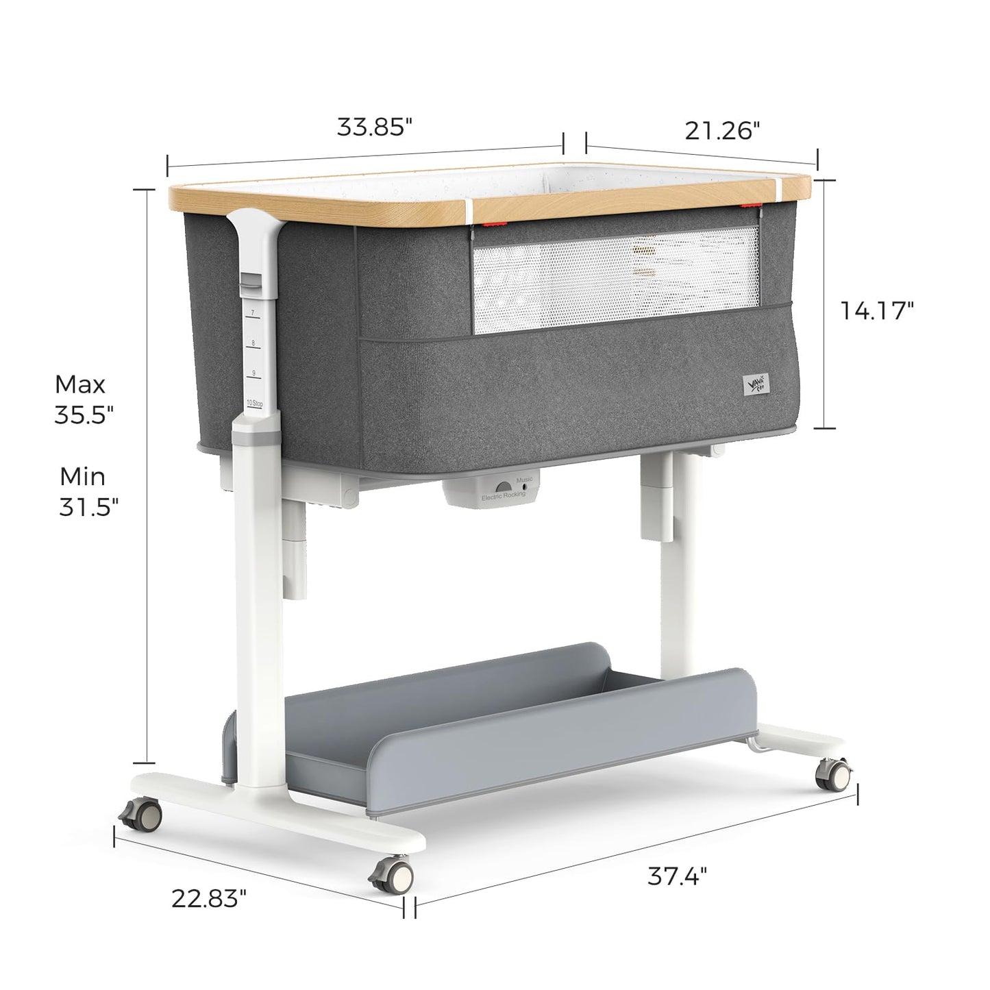 VaVaSoo Electric Rocking Bassinet for Baby 3 Speeds Auto Rolling Newborn Cradle Automatic Bedside Sleeper Rocks Itself 5 Height Adjustable with Music, Wheels, Storage, Light Grey