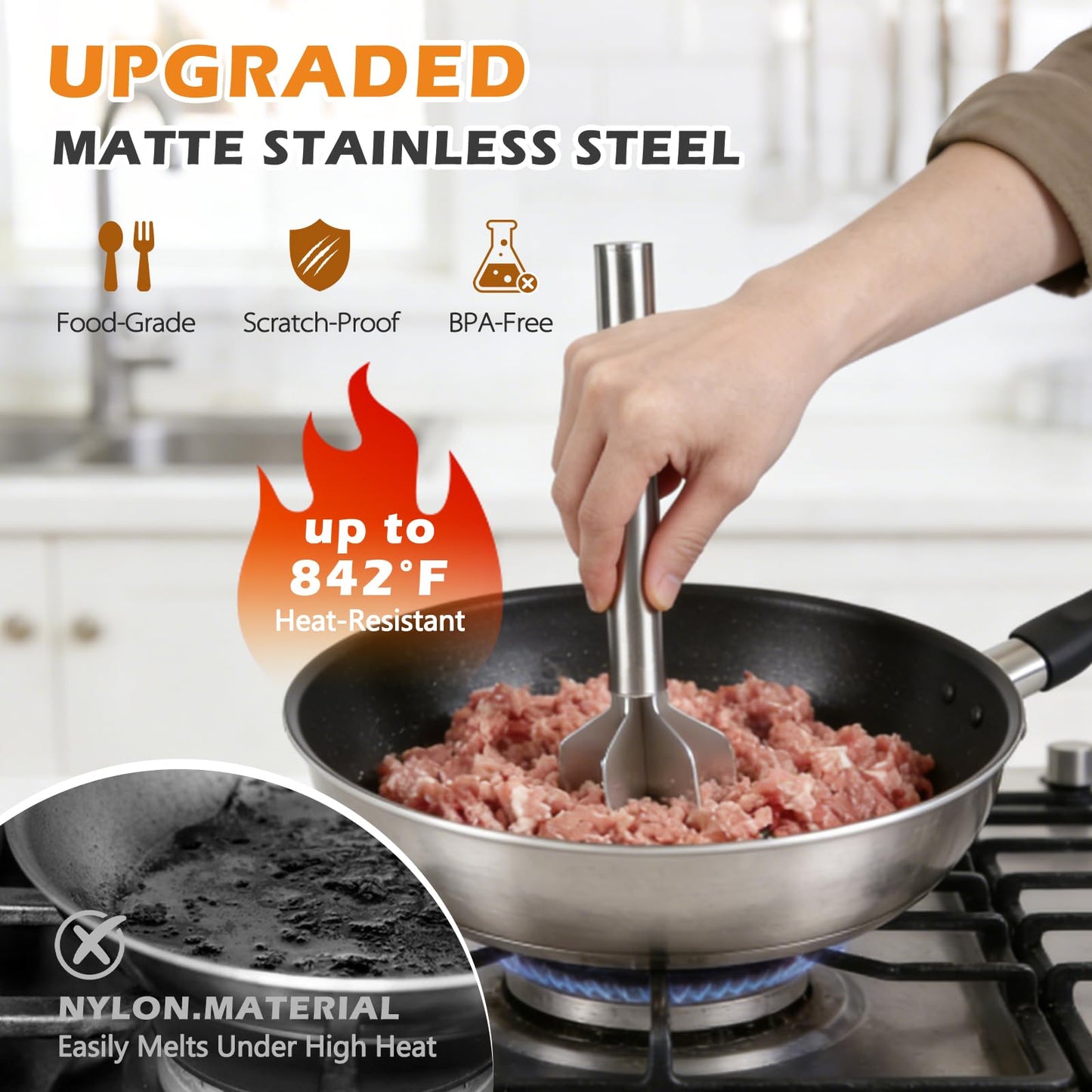 304 Stainless Steel Meat Chopper & Masher, Heavy Duty Food Grade 6-Blade Ground Beef Smasher, Metal Hamburger Chopper Tool, Meat Masher for Ground Beef