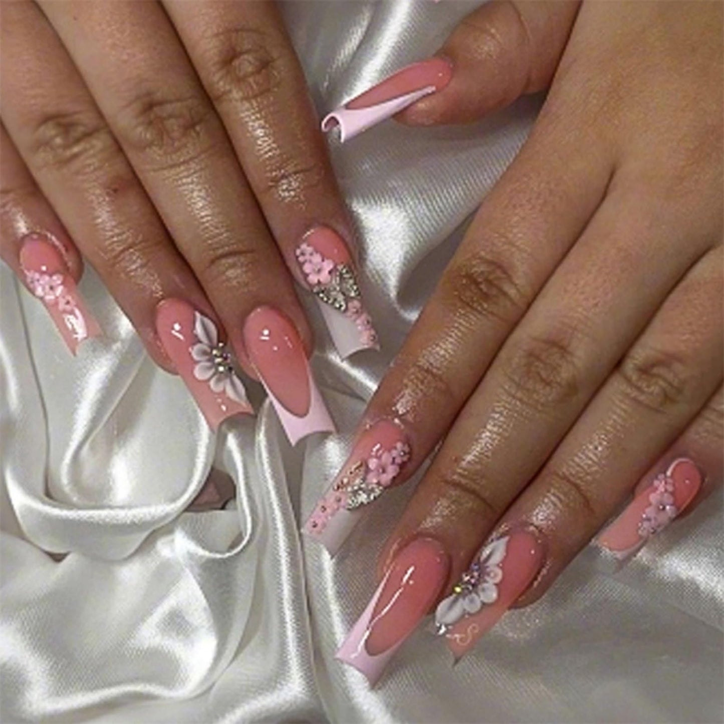 SEENEEY Long Press On Nails Square French Tip False Nails Pink Artificial Nails with Flowers Designs, 24pcs