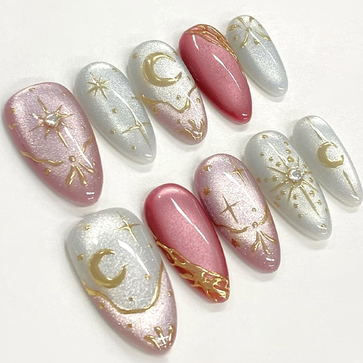 30Pcs Gold Star Moon Press on Nails Medium Length Almond Fake Nails Press on 3D Rhinestone Design Gilded Line French False Nails Glitter Full Cover Chrome Gold Glossy Artificial Glue on Nail for Women