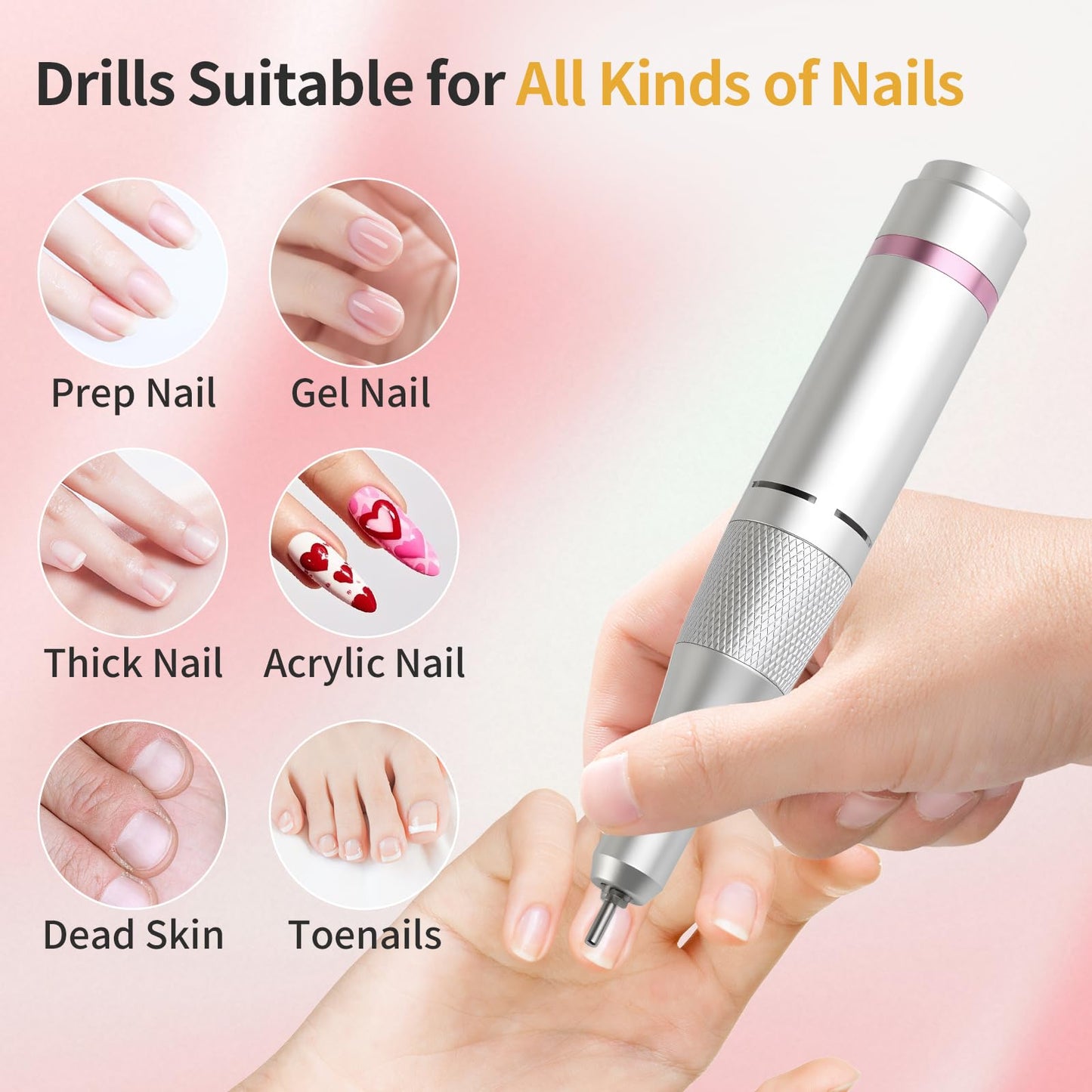 Vinid Professional Electric Nail Drill - 38,000RPM Rechargeable Manicure Kit for Filing, Cuticle Care, Buffing & Polish Removal with Adjustable Speed, Quiet Motor & Portable Design, White
