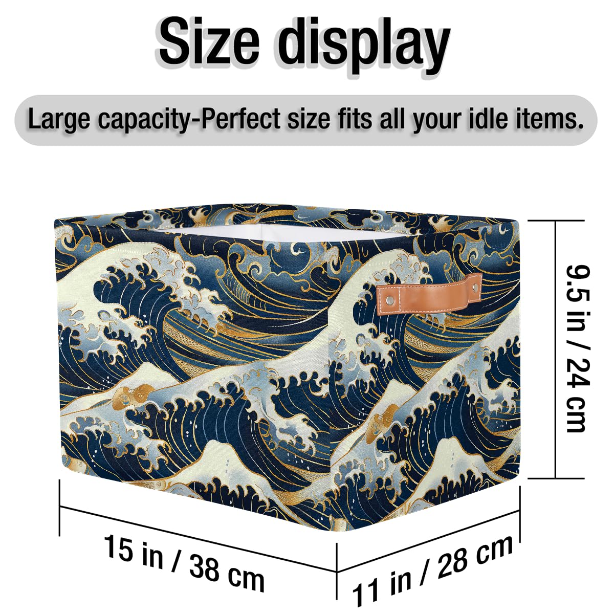 HSYOYO Ocean Waves Japanese Storage Basket with Handles Collapsible Storage Bins Rectangular Toy Storage Organizer Box Fabric Shelf Baskets for Nursery Bedroom Bathroom 1PC