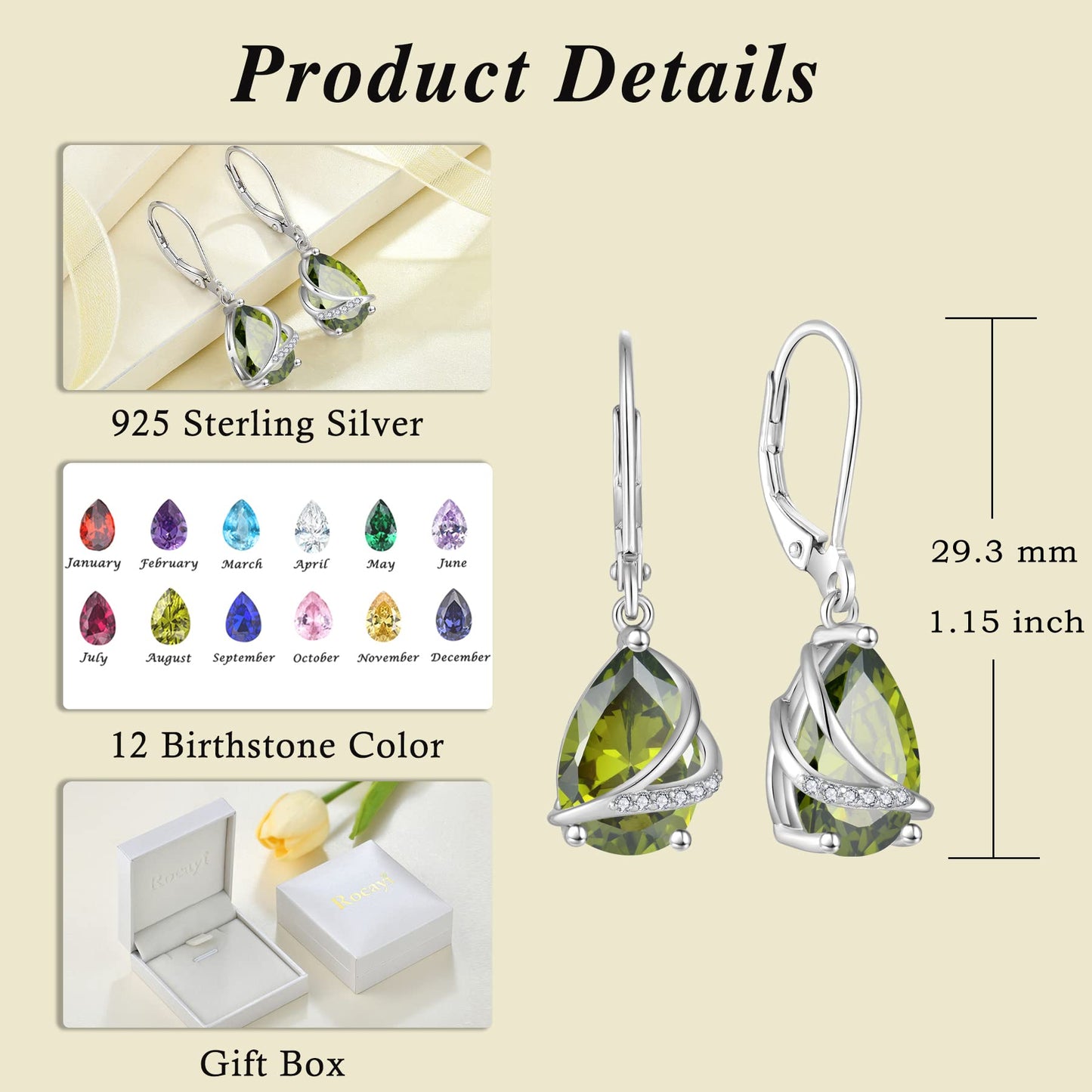 Rocayi Teardrop Peridot Earrings 925 Sterling Silver Dangle Drop Earrings August Birthstone Jewelry for Women