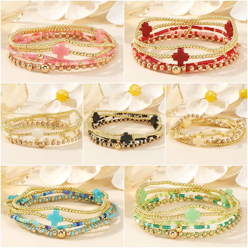 Bohxantium Gold Beaded Cross Bracelets for Women Dainty 14K Gold Plated Beads Ball Red Stretch Stackable Non Tarnish Bracelet Stack Boho Christian Jewelry Accessories Birthday Prom Friendship Gift