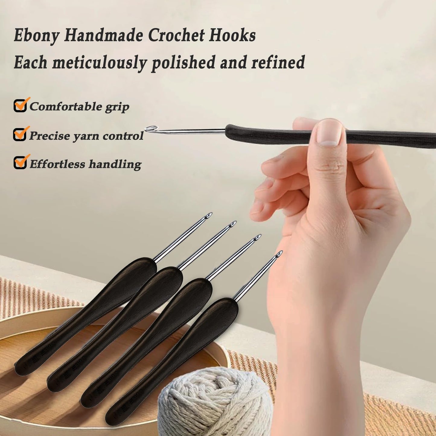 Yarniss 2.0 mm Ergonomic Crochet Hook with Ebony Wood Handle, Hand-Polished Stainless Steel Crochet Needle, Comfortable Crochet Tools with Gift Box