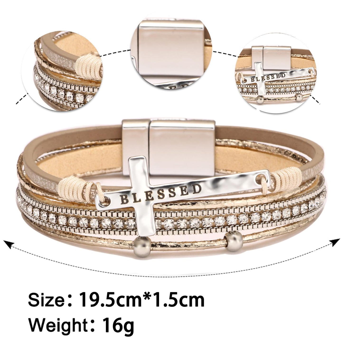 Leopard Bracelet for Women, Boho Leather Wrap Multi-Layer Pearl Crystal Bracelet Bangle Jewelry (Blessed Cross(Khaki))