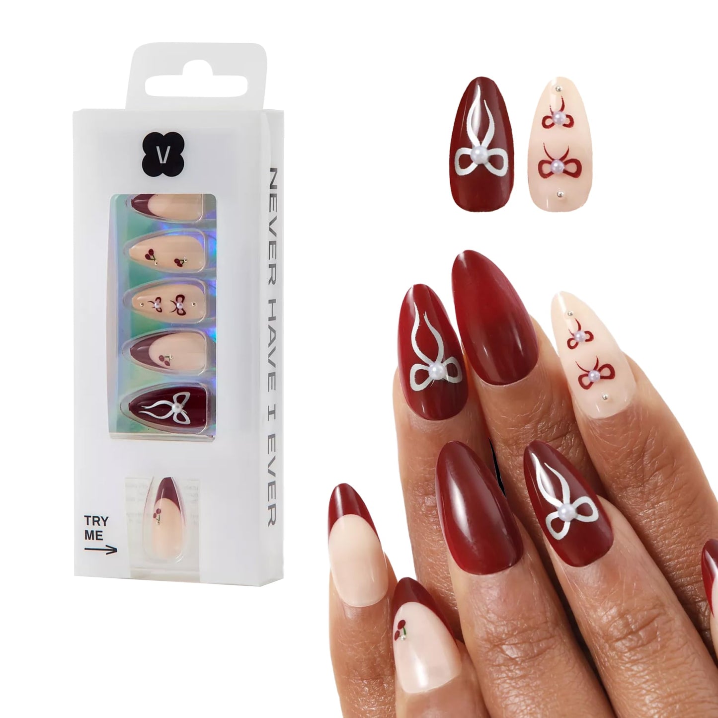 Never Have I Ever CHERRY COLA Short Almond Press On Nails 24 Piece Soft Gel False Nails for Everyday Wear Reusable Comfortable Fit for Women As Seen on Shark Tank