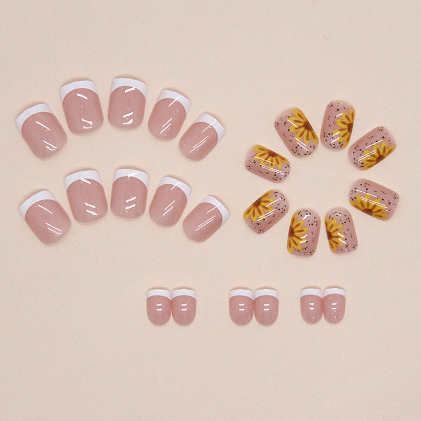 French Tip Press on Nails Short Square Fake Nails with Sunflower & Spot Designs Acrylic Nails Press ons Glossy Glue on Nails Nude Full Cover Artificial Stick on Nails for Women 24Pcs