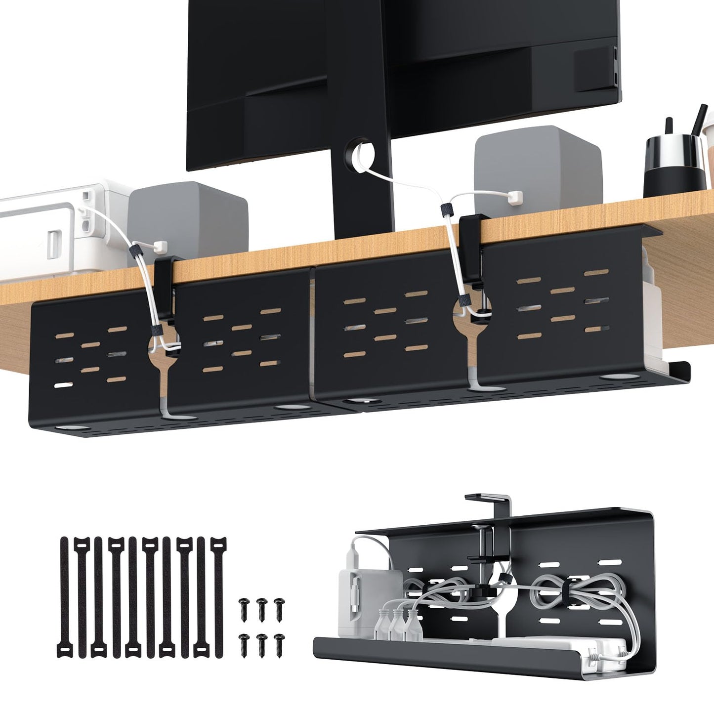 KEEGH 16" Under Desk Cable Management Tray, 2 Pack Desk Cord Organizer Upgrade Capacity, No Drill Clamp/Screws Mount, Cord Management Tray for Home Office, Gaming Desk, Standing Desk, Black