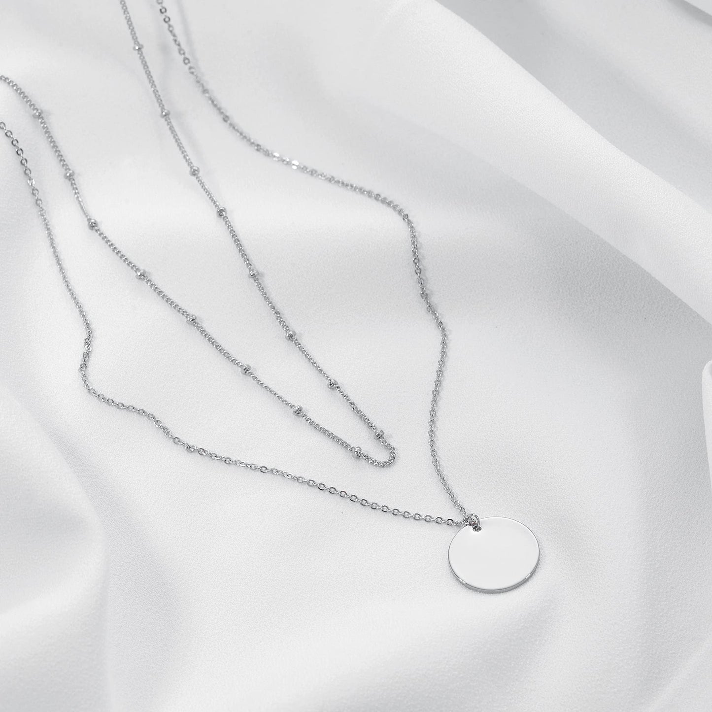 MEVECCO Sliver Necklace for Women Layered Circle Coin Disc Sliver Plated Dainty Satellite Bead Chain Simple Layer Jewelry