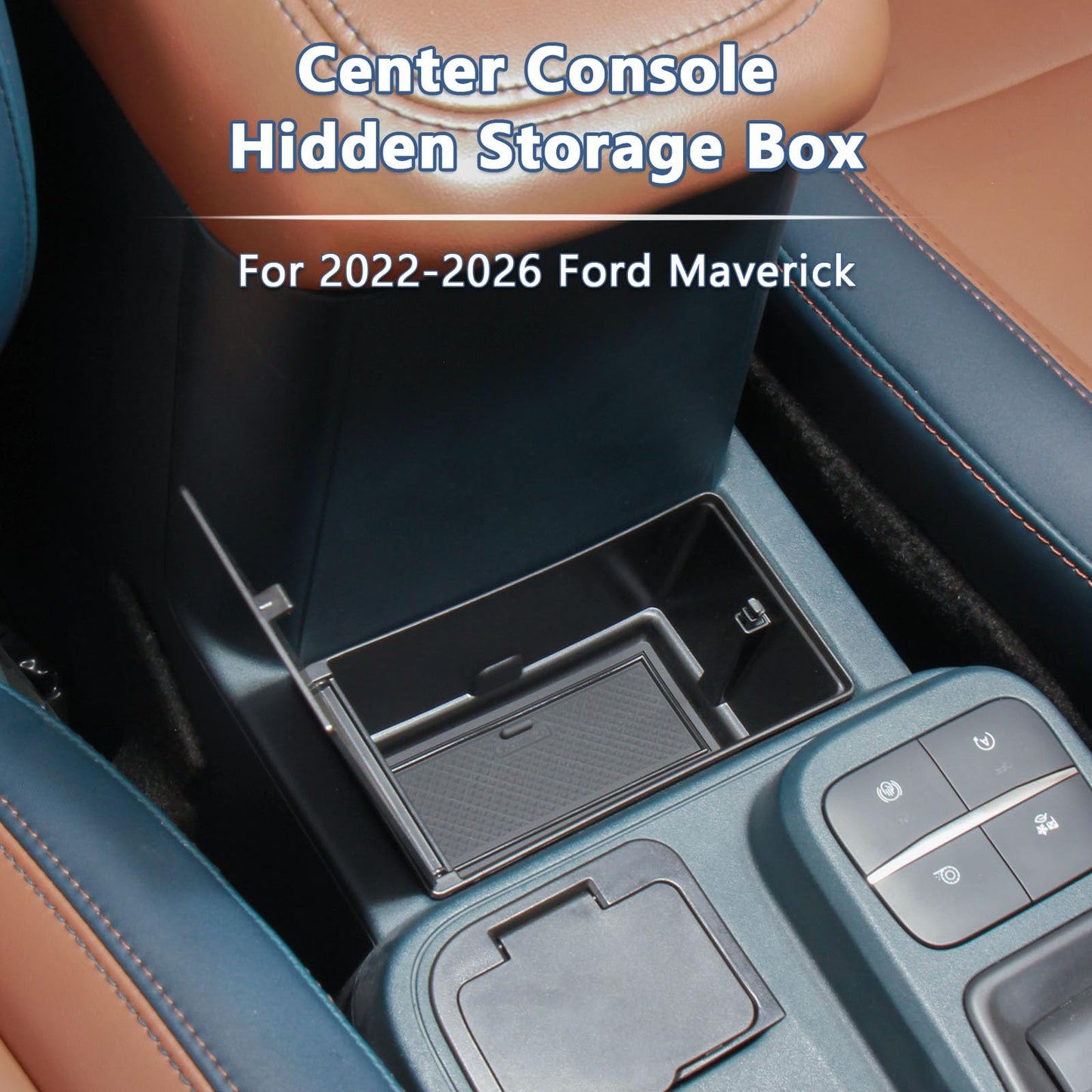 TOPINSTALL Console Hidden Storage Box Compatible with 2022-2026 Ford Maverick Accessories, Flip-Top Design Truck Organizer | One-Touch Open | Anti-Slip Mat | Secret Compartment | Premium ABS Plastic