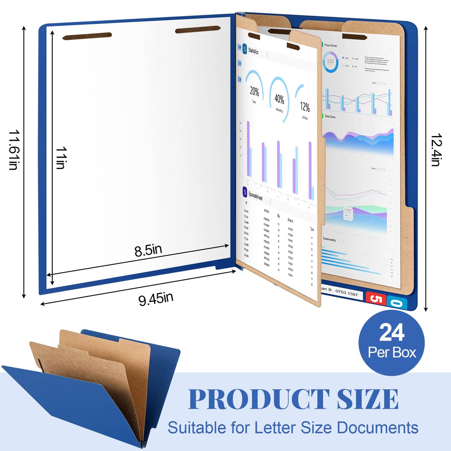 24 Pcs Classification Folders Letter Size, 2 Dividers Pressboard File Folder Bulk with Fasteners, Expanding File Organizer for Teachers, Clergy, Office, Church Christmas Donations(Dark Blue)