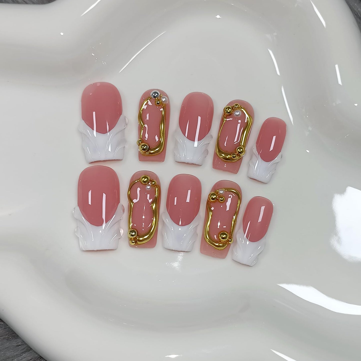 TENPAL Sheer Handmade French Tips Press on Nails Long Square 3D Embossed White Tip Nude Pink Fake Nails for Parties Daily Modern Minimalist Glossy False Nails for Women Gifts 10pcs(M)
