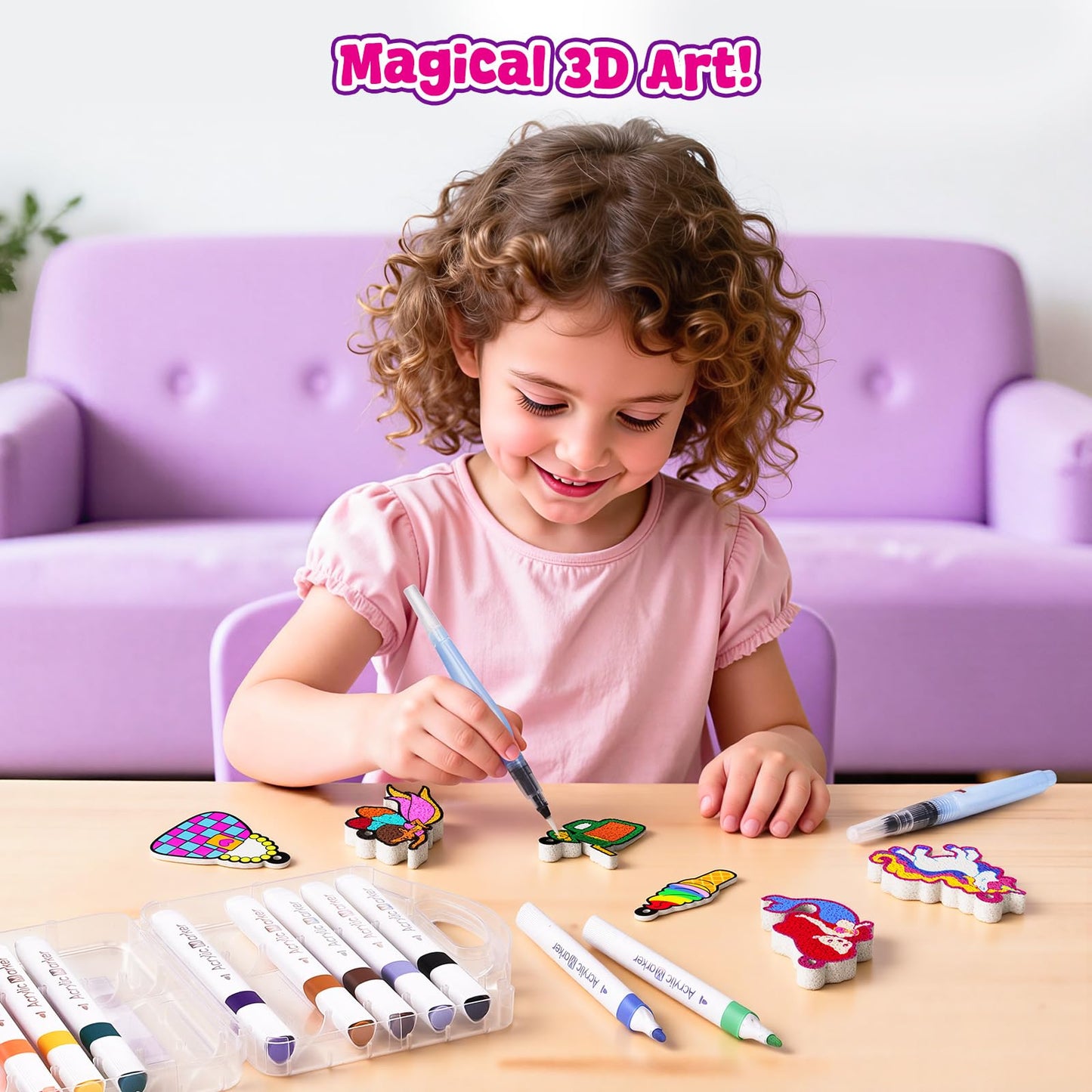 JoyCat Art Kit- 3D DIY Foam Texture Painting Kit, Unicorn & Princess Magic Puffy Paint Kit, Easter Basket Stuffers, Craft Kits for Kids, Creative Gift for Girls & Boys Ages 4, 5, 6, 7, 8, 9, 10