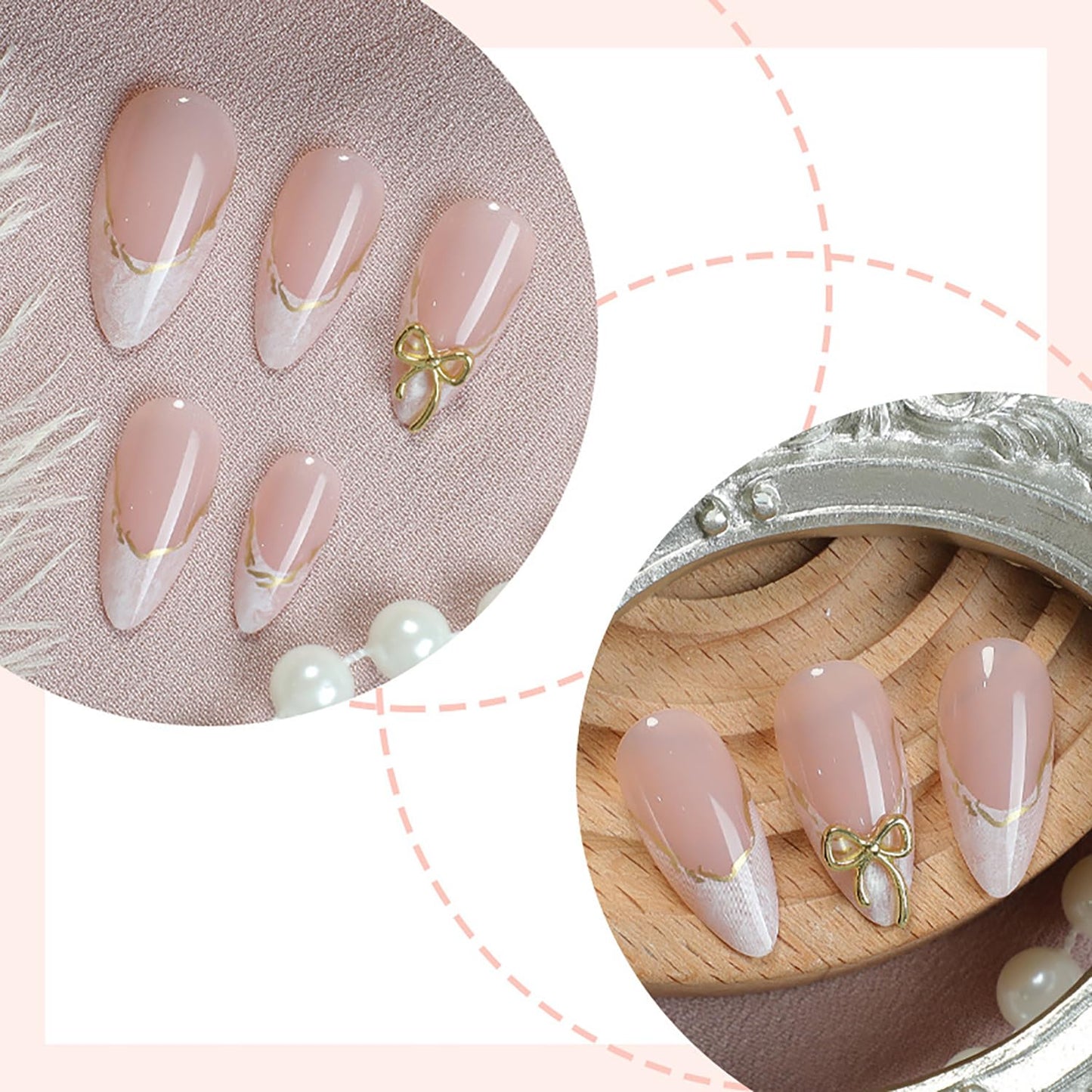 CJDLTS French Tip Press on Nails Medium Almond Shaped Gold Bow Design Nude Pink Acrylic False Nail Full Cover Glossy Artificial Fingernails Almond Tip False Nail DIY Glue on Nails for Women 24Pcs