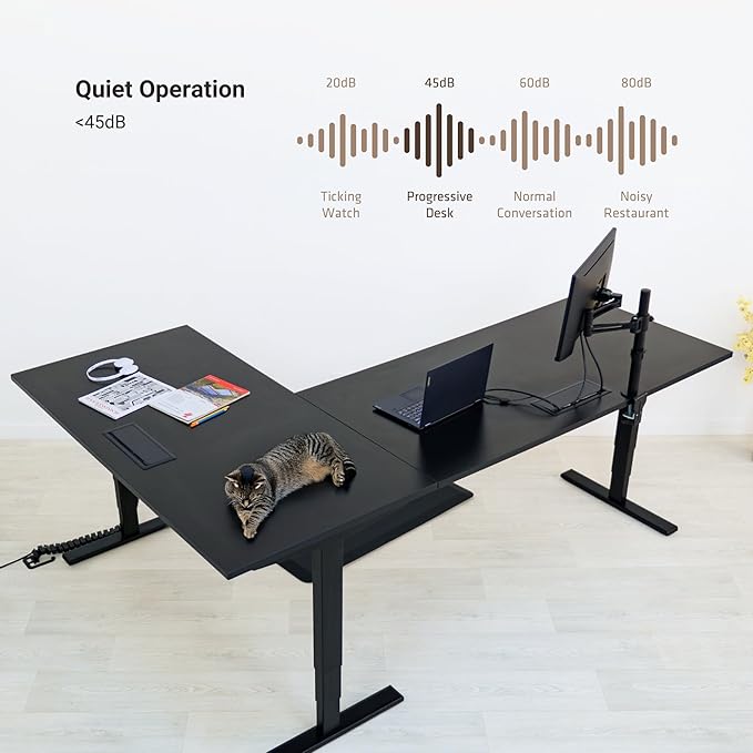 Progressive Desk Stand Up Height Adjustable Standing Desk - L Shaped 85" x 72" Corner Computer Rising Workstation Electric Table - Ebony Oak, Black Frame