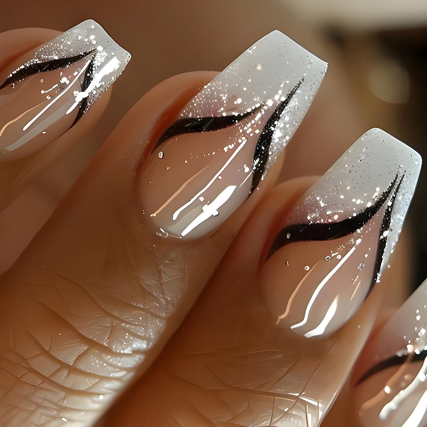 CJDLTS White French Tip Press on Nails Medium Ballet Shaped Nails Glitter Powder Design False Nails Artificial Stick on Nails Press Nails with Design Black Stripe Acrylic Glue on Nails for Women 24Pcs