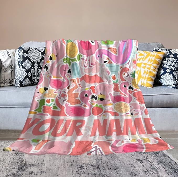 Custom Flamingo Blanket Gifts with Name - 60 x 80 Inches Funny Flamingo Throw for Men & Women - Pink Fluffy Comfort Furry Blankets for Winter