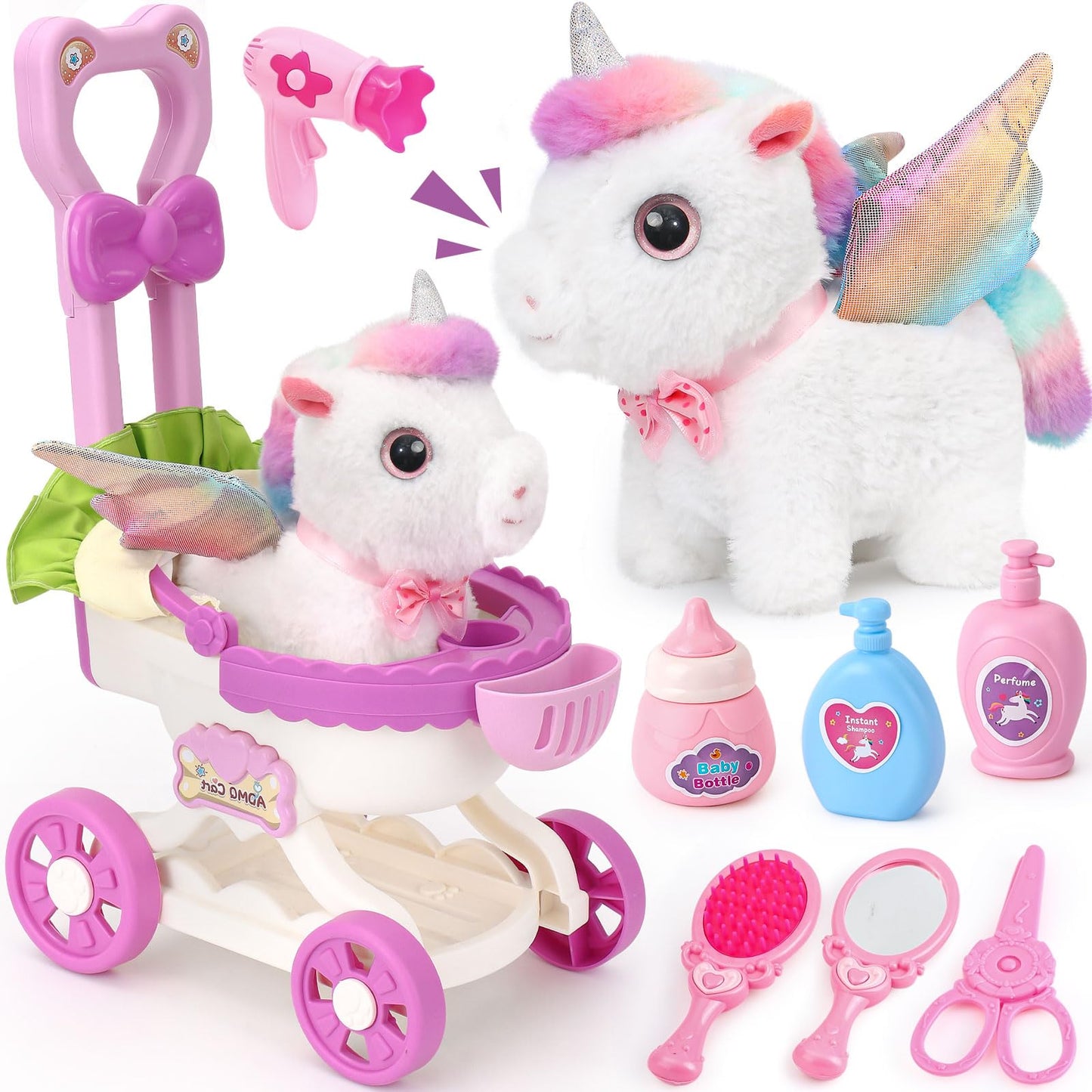 TUZT Girl Interactive Walking Unicorn Stroller Toy Set with Plush Electric Unicorn & Groom Care Accessories, Pretend Play Christmas Birthday Gift Toddler 3 4 5 6 Years, Unicorn Toys for Girls 4-6