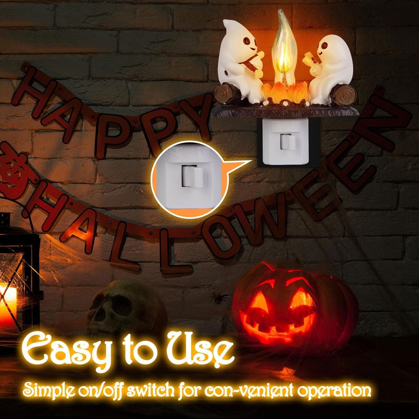 RAINBEAN Ghost Campfire Flickering Night Light, 3D Small Electric Faux Campfire Night Light,Ghosts Campfire Flicker Flame Nightlight, 5in LED Campfire Night Lights Funny Halloween Decor