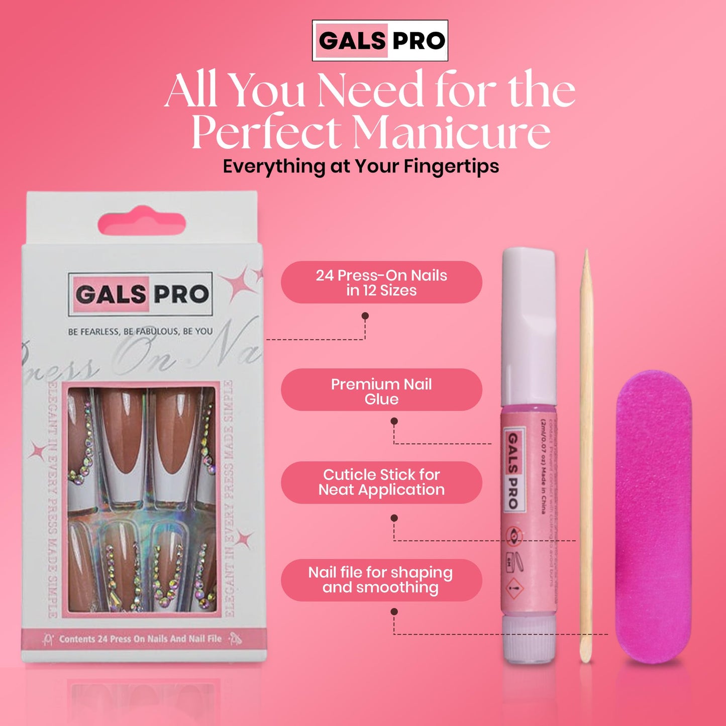 GALSPRO Long Press on Nails - Set of 24 Fake Nails with Designs in 12 Different Sizes for Perfect Fit, Cute False Nails Kit for Women with 0.07oz Nail Glue, A Double Sided Nail File & Cuticle Stick