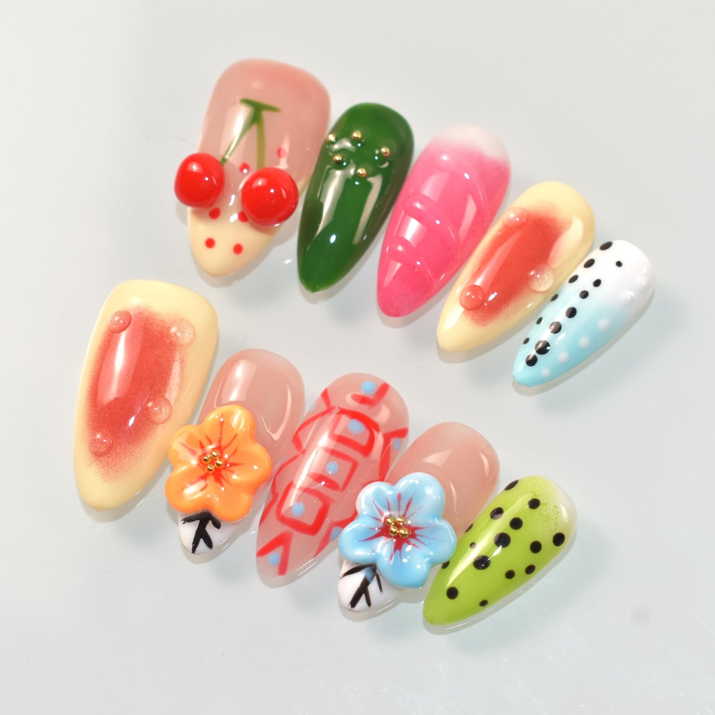 LIFOOST Handmade Press On Nails Almond 3D Hand Painted Flower Fake Nails with Cherry Droplet Designs Reusable Stick On Kit