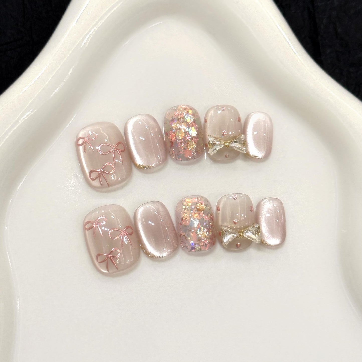 10pcs Short Oval Handmade Press On Nails | Blush Pink Bow with 3D Glitter Accents & Pearl Bows,New styles | Skip Salon Trips, Easy to Apply & Remove, Reusable (251103, XS)