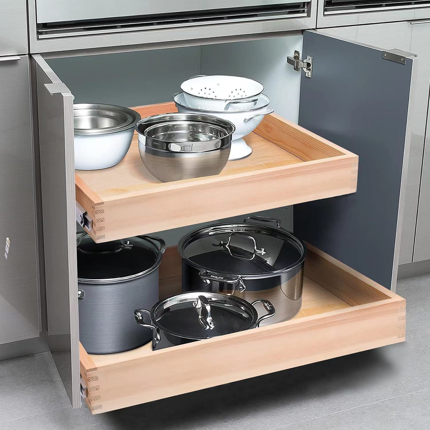 Mulush 26''W x 21''D x 3''H Pull Out Cabinet Drawer Soft Close Slide Out Wood Organizer for Kitchen, Finished, Bottom and Side Assembly (Wood Drawer Part Width is 25inch)