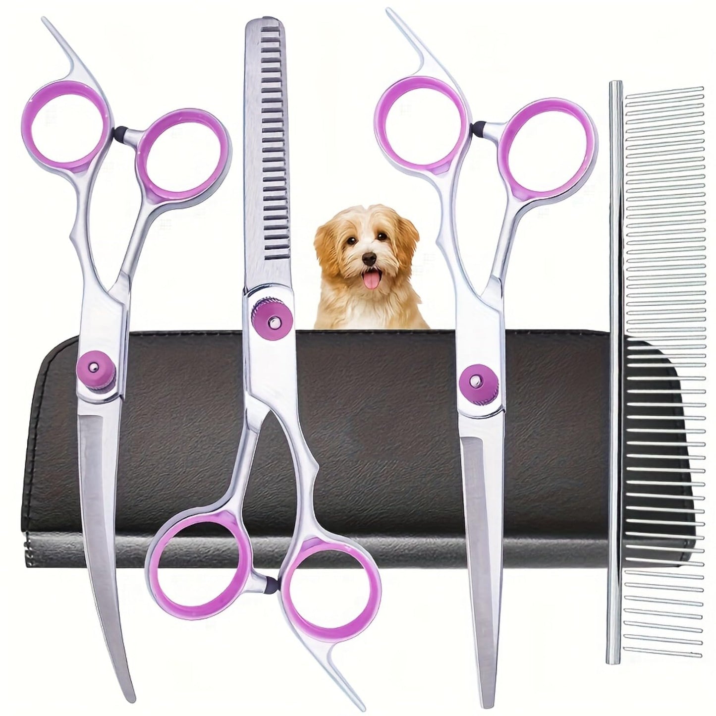 5-in-1 Pet Grooming Scissors, Stainless Steel Straight Thinning Curved Shears & Comb for Pet Use