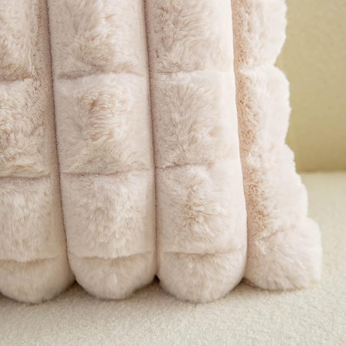 Neelvin Beige Faux Fur Cozy Soft Plaid Decorative Throw Pillow Covers 20x20 inch Set of 2,Velvet Pillowcase Cushion Case for Sofa Couch