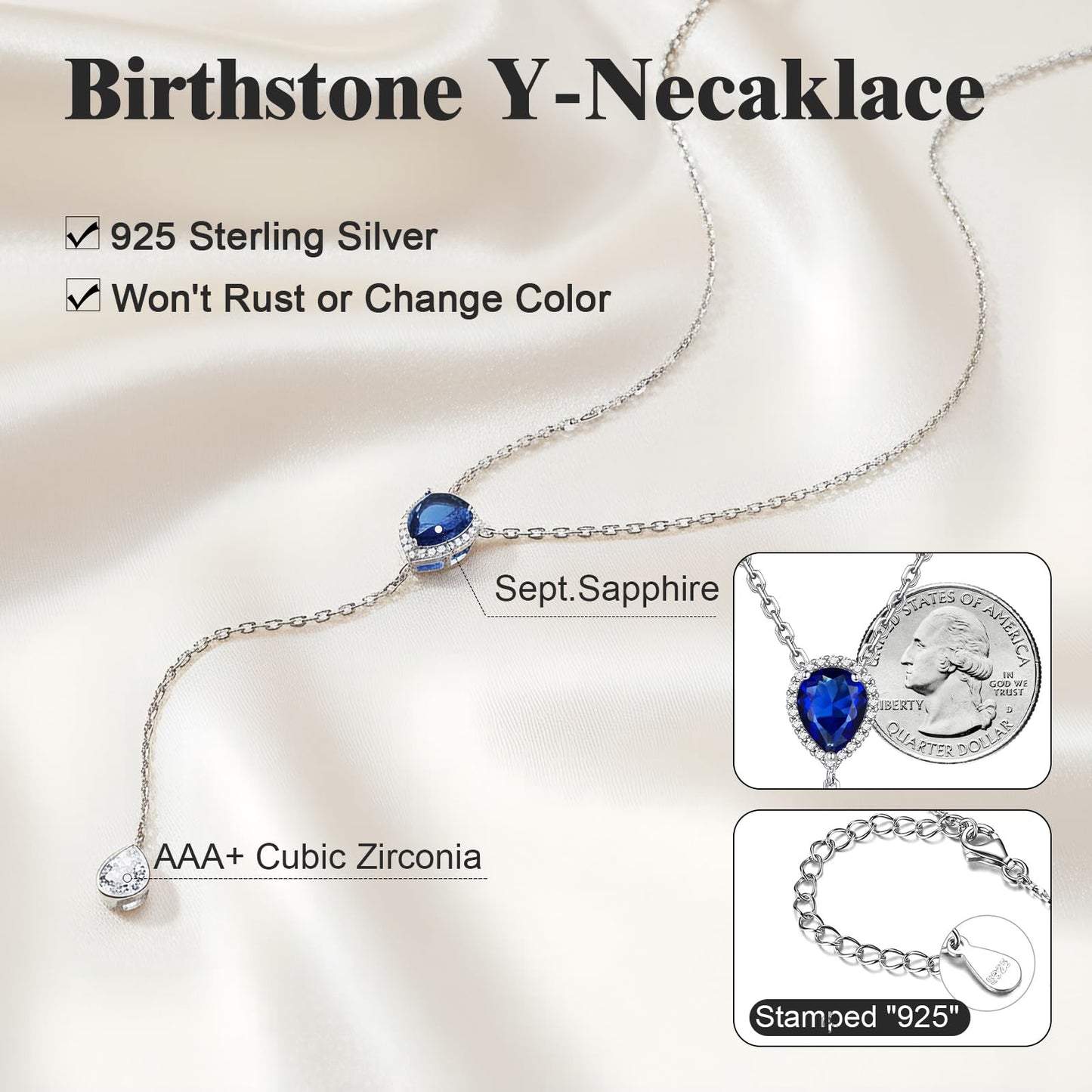 FOCALOOK 925 Sterling Silver CZ Teardrop Lariat Necklace 16"-18" Y Drop Adjustable Birthstone Necklaces for Women