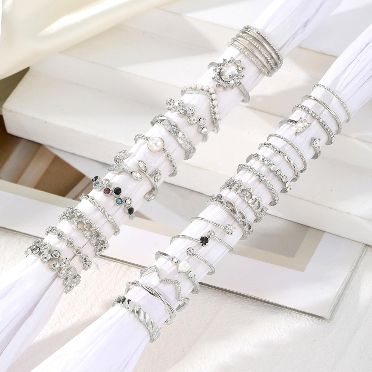 IFKM 28 Pcs Silver Knuckle Rings Set For Women Vintage Stackable Joint Finger Midi Rings Dainty Cubic Zirconia Crystal Simple Twist Hollow Cute Rings Pack Jewelry Gift (Starry Sky, Silver)