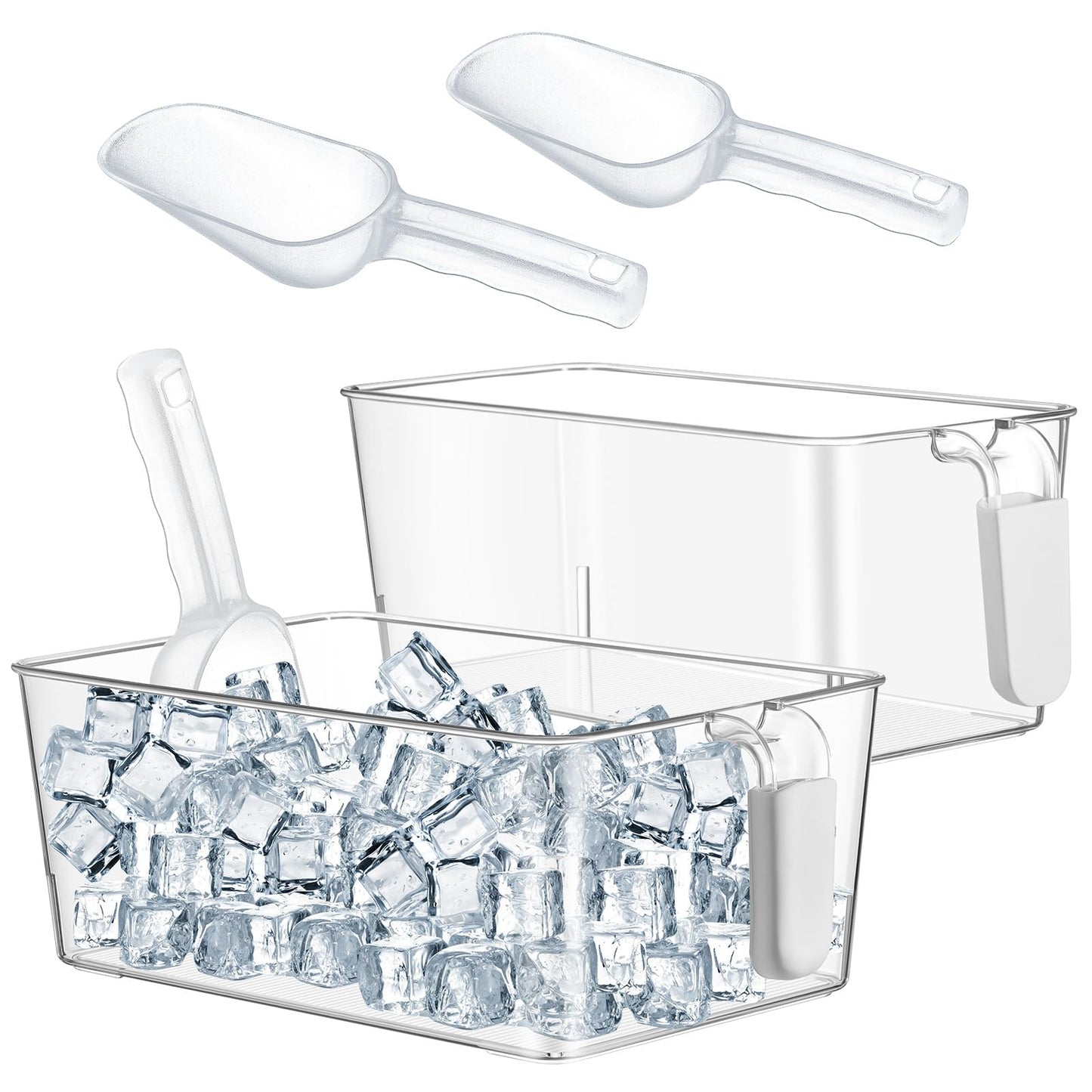 Havawish Ice Storage Bin and Flexible Scoop Set Plastic Freezer Bin with Pull out Handle Storage Bucket Clear for Container with Scoop(Grey,10.83 x 7 x 4.33 In,10.83 x 4.92 x 4.33 in,Classic)