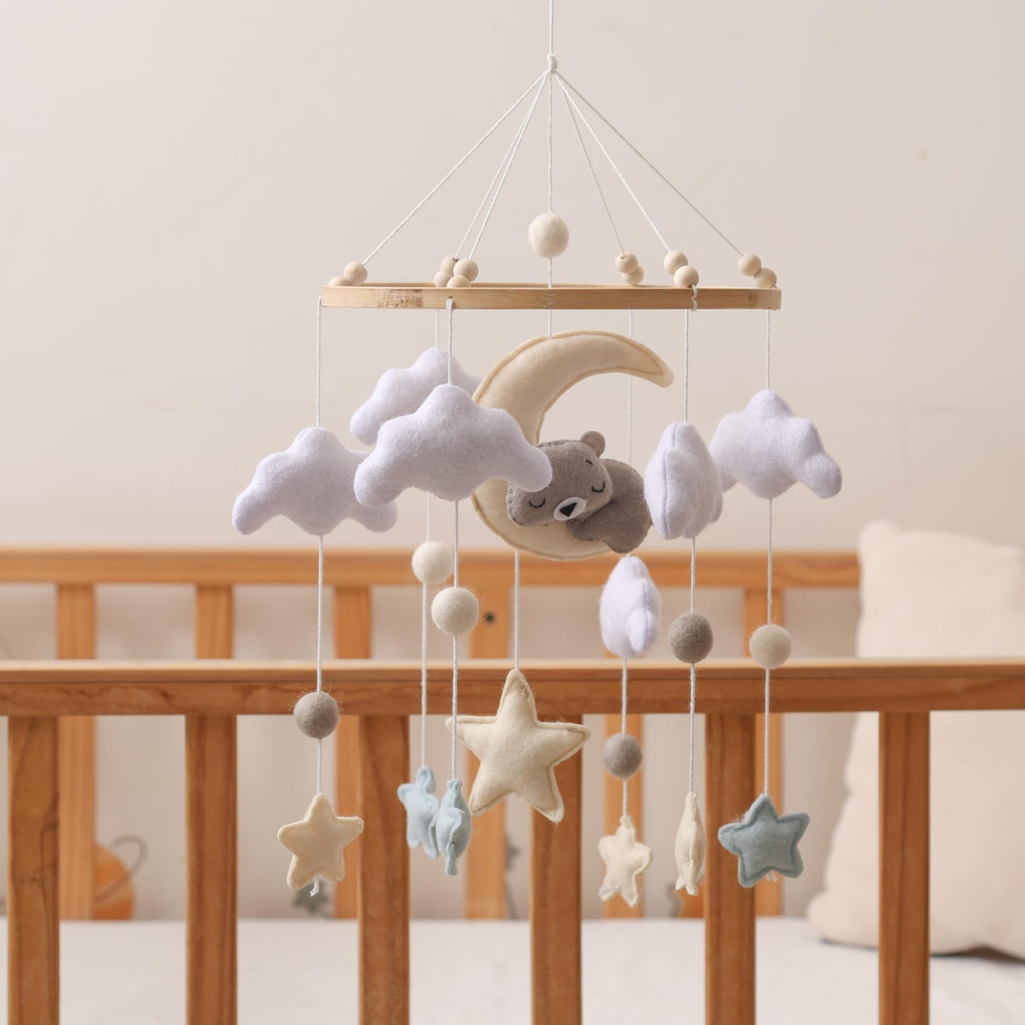 Baby Crib Mobile – Handmade Moon Bear Nursery Mobile, Mobile for Crib Neutral Felt Clouds Stars Hanging Toy, Beech Wood Ring Bassinet Mobile Baby Mobile Decor Gift