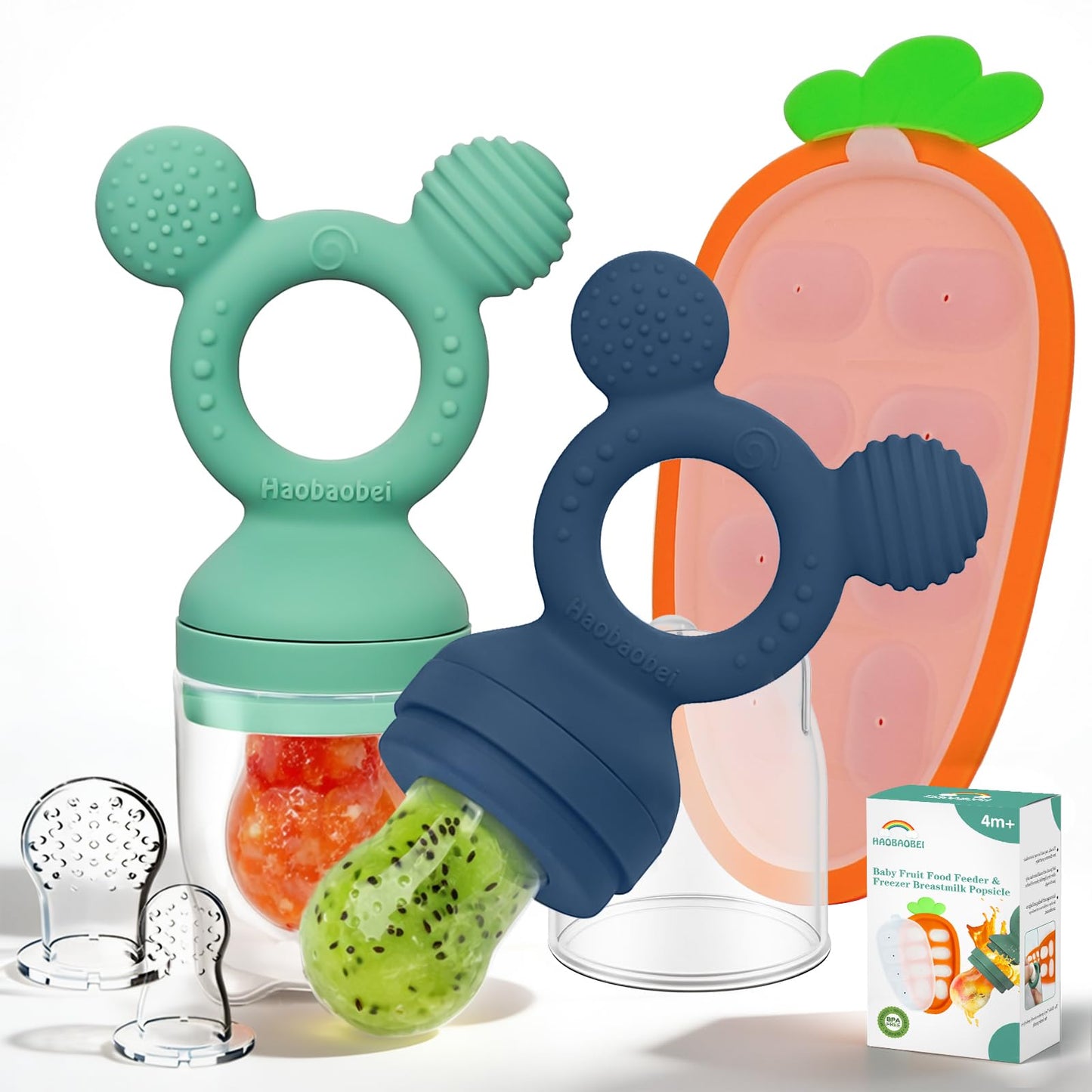 HAOBAOBEI Baby Fruit Feeder 2 Pack with Freezer Tray, 4 Silicone Pouches in 3 Sizes, Breastmilk Popsicle Mold, Food Feeder Pacifier and Silicone Teether for Teething Relief, 4+ Months
