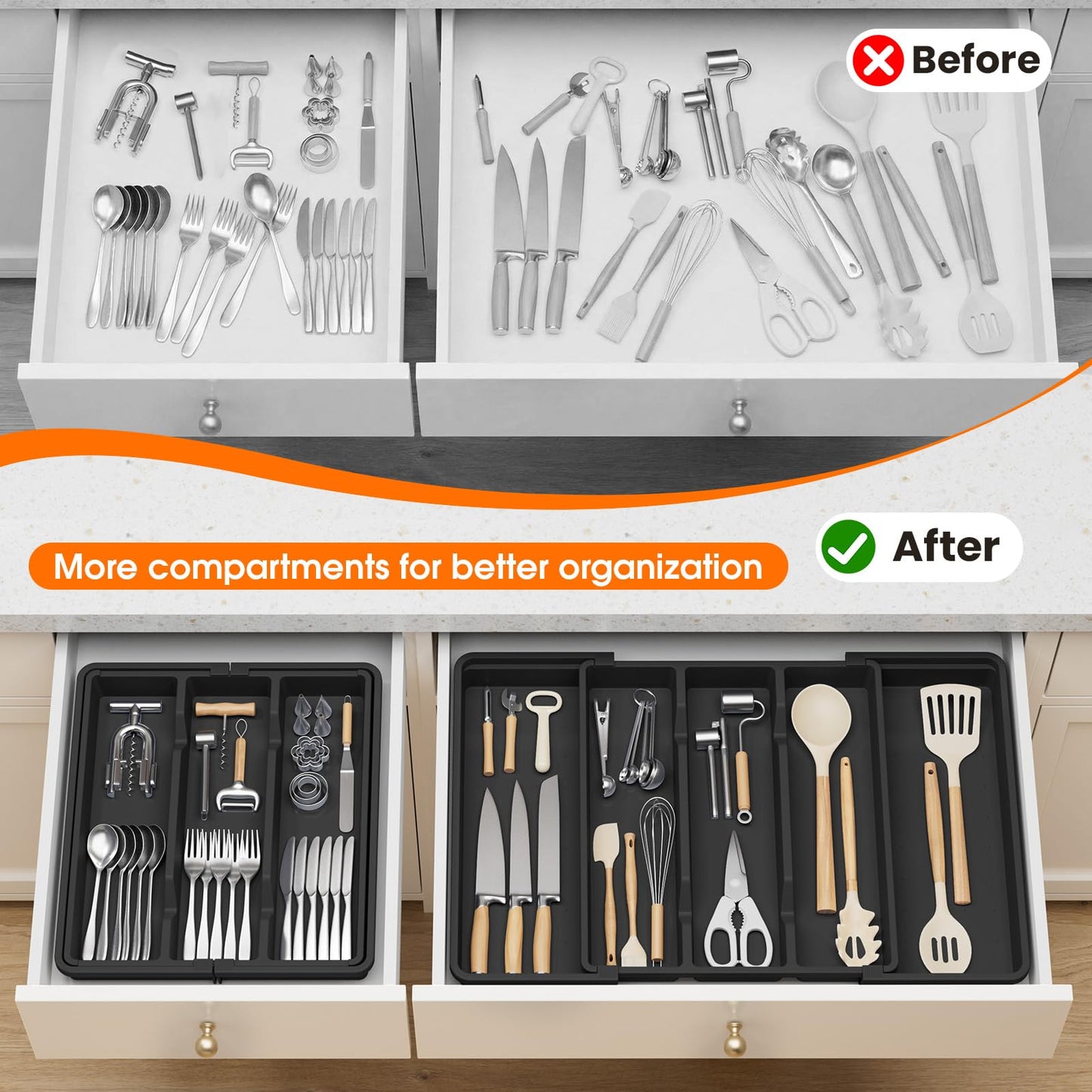 StackHelper Large Silverware Organizer, Expandable Utensil Drawer Organizer for Kitchen Drawers, Kitchen Drawer Organizer for Spoons/Forks/Knives, Multipurpose & BPA Free Cutlery Tray, Black, 1 Pack