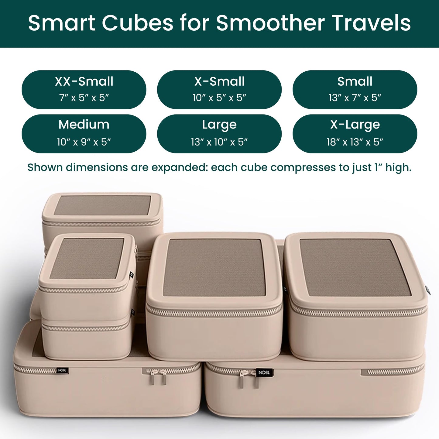 Nobl Travel Compressible Packing Cubes Set, 6 Pieces Travel Packing Organizers, Compression Luggage Cubes for Suitcases & Carry On, Space Saving (XXS, XS, S, M, L, XL) - Sand